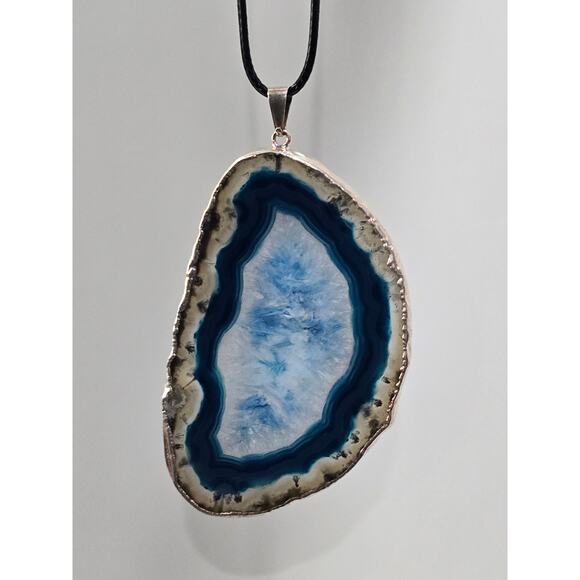 Blue Agate Slice Pendant Necklace | Natural Stone | Adjustable Cord - Picture 3 of 16